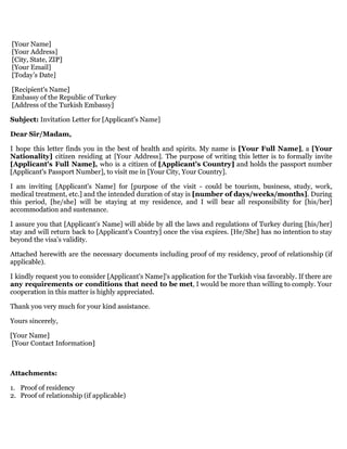 Invitation Letter for Turkey Visa