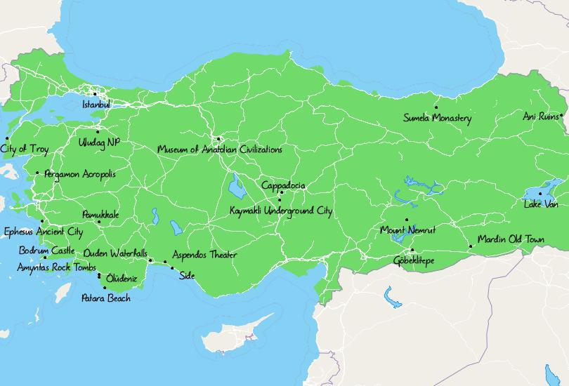 Map of Tourist Attractions in Turkey Map of Tourist Attractions in Turkey